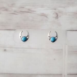 Silver Tone Moon Like Shape with Turquoise Tone Accent Stud Earrings